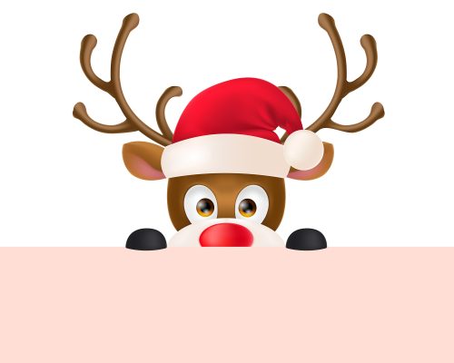 Cute reindeer wearing Santa Claus hat and peeping out. Christmas design element. For greeting cards, posters, leaflets and brochures.