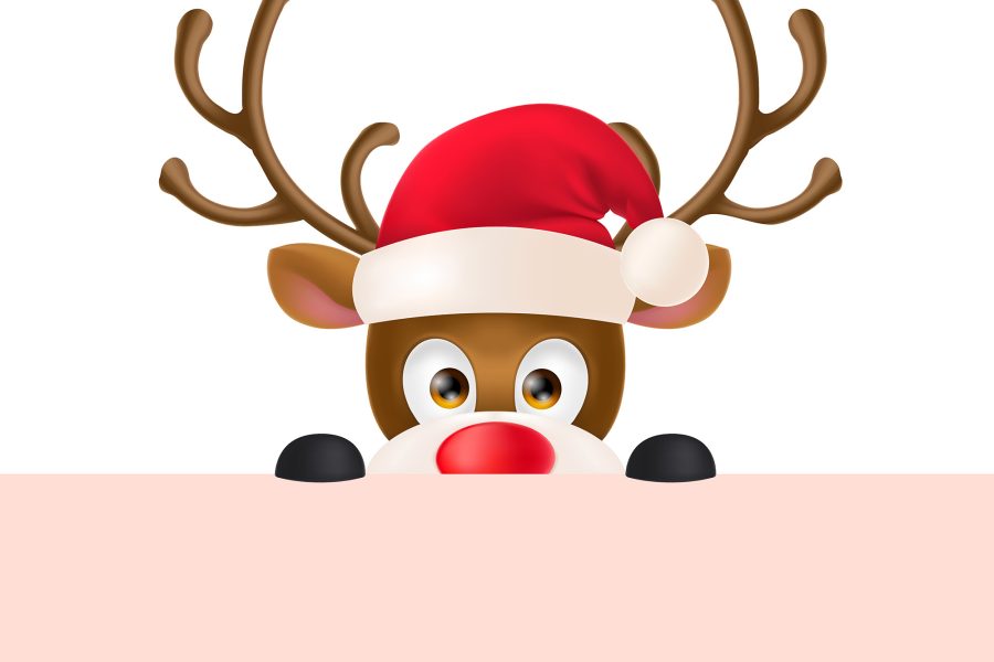 Cute reindeer wearing Santa Claus hat and peeping out. Christmas design element. For greeting cards, posters, leaflets and brochures.